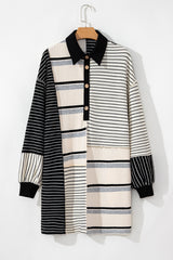Black Stripe Colorblock Knit Henley Collar Shift Long Sleeve Mini Dress Mini Dresses JT's Designer Fashion