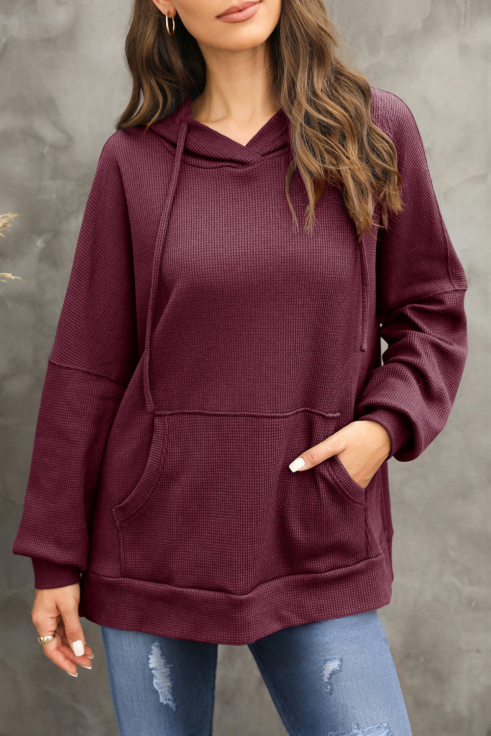 Red Dahlia Waffle Knit Fleece Lined High Low Oversized Hoodie Sweatshirts & Hoodies JT's Designer Fashion