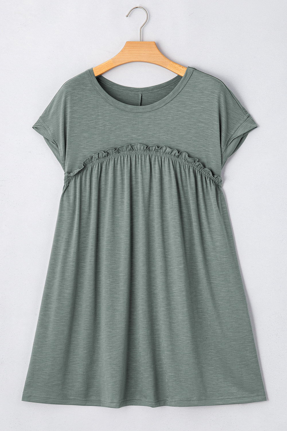Mist Green Frilled Gathered Seam Round Neck T Shirt Dress T Shirt Dresses JT's Designer Fashion