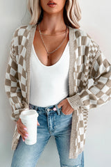 Brown Checkered Open Front Drop Shoulder Cardigan Brown 55%Acrylic+45%Cotton Cardigans JT's Designer Fashion