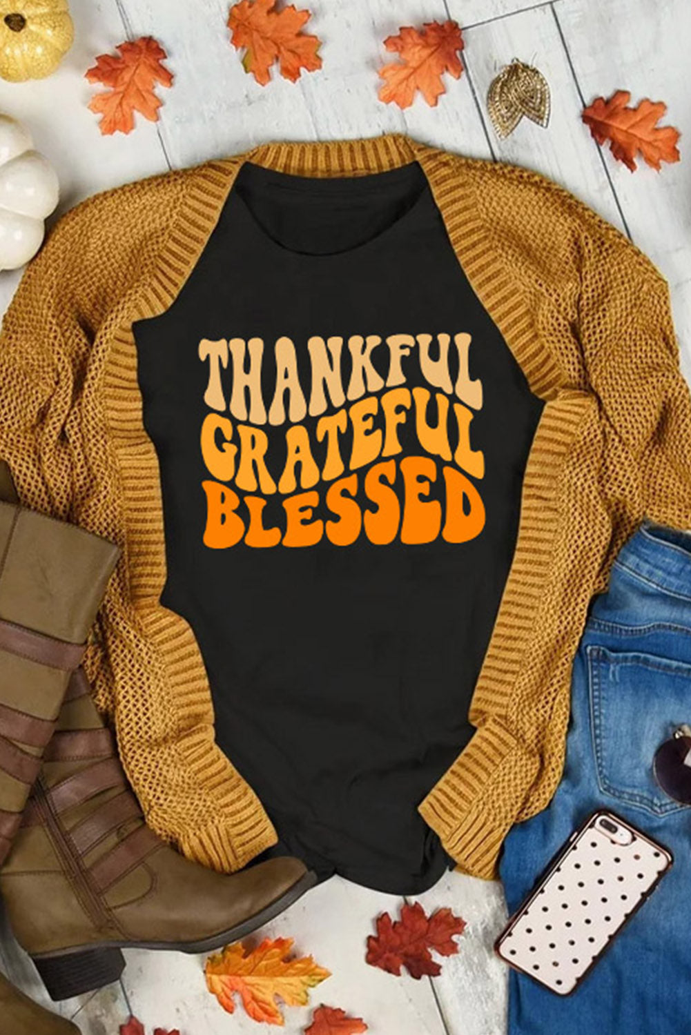 Black THANKFUL GRATEFUL BLESSED Crew Neck Graphic Tee Graphic Tees JT's Designer Fashion