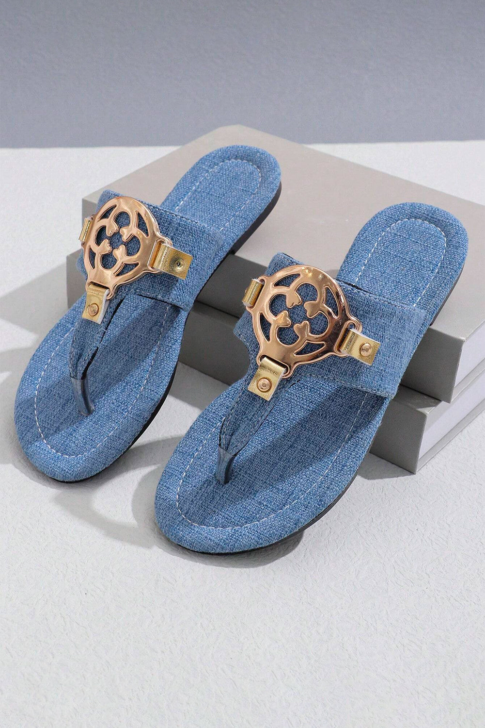 Dusk Blue Metal Décor Leather Thong Slippers Slippers JT's Designer Fashion