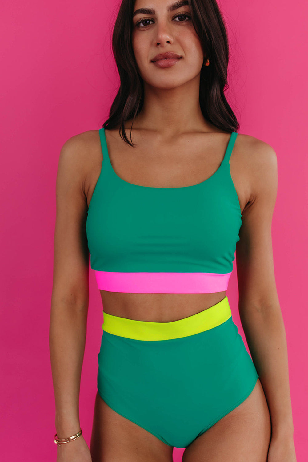 Sea Green Contrast Trim Colorblock Patchwork High Waisted Bikini High Waisted Swimsuit JT's Designer Fashion