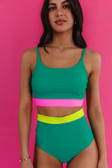 Sea Green Contrast Trim Colorblock Patchwork High Waisted Bikini High Waisted Swimsuit JT's Designer Fashion