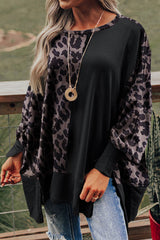 Black Leopard Patchwork Bishop Sleeve Slit Sweatshirt Sweatshirts & Hoodies JT's Designer Fashion