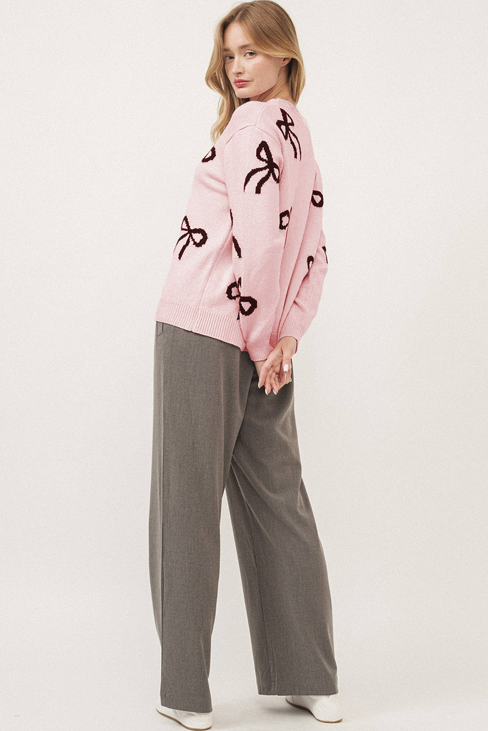 Light Pink Bow Pattern Knitted Loose Fit Sweater Sweaters JT's Designer Fashion