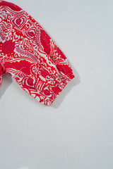 Red Paisley Print Side Slit Puff Sleeve High Waist Long Dress Maxi Dresses JT's Designer Fashion