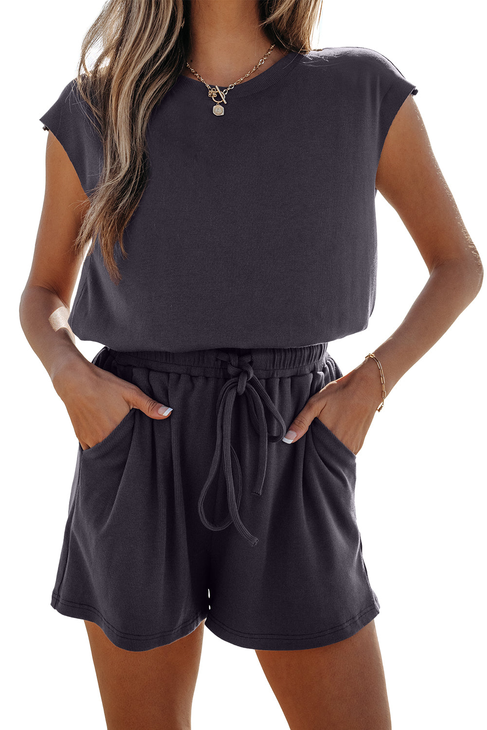 Bristol Black Knit Open Back Cap Sleeve Drawstring Romper Jumpsuits & Rompers JT's Designer Fashion
