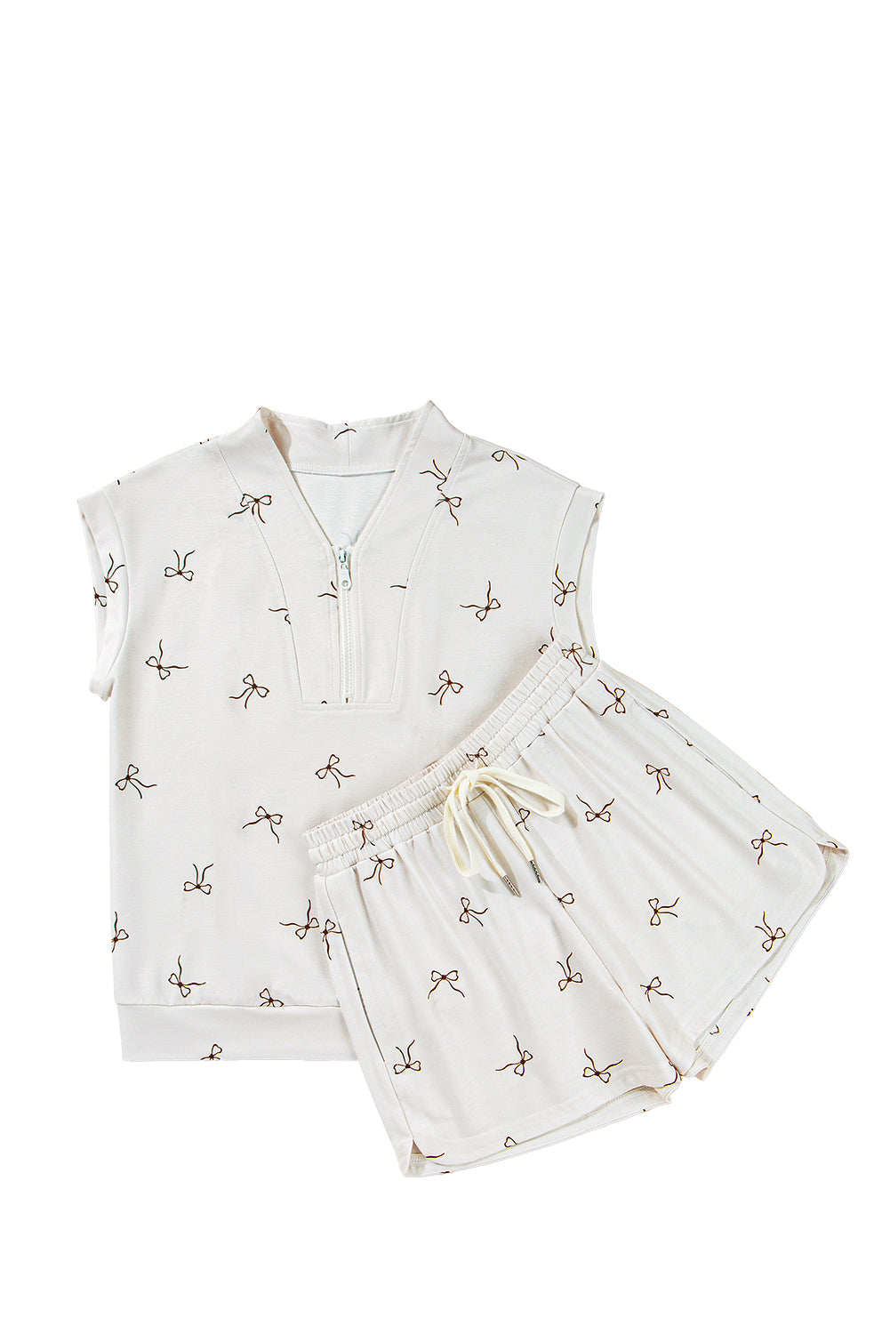 Beige Bow Print Half Zip Tank and Shorts 2pcs Set Short Sets JT's Designer Fashion