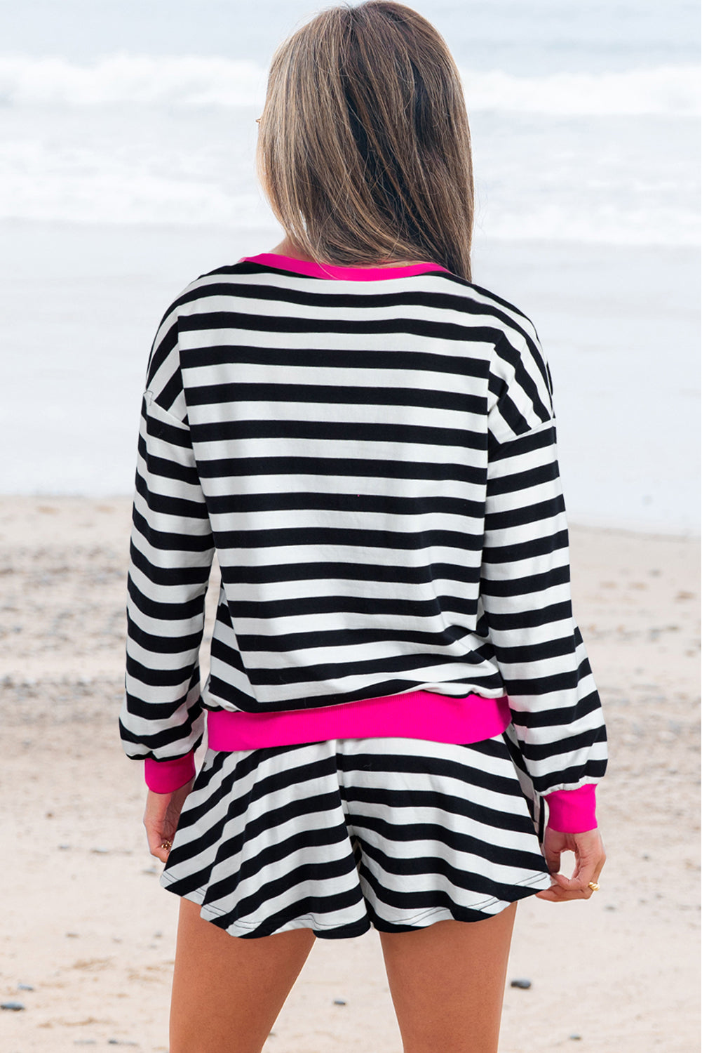 Black Stripe Contrast Ribbed Banding Long Sleeve Blouse Loose Shorts Set Short Sets JT's Designer Fashion