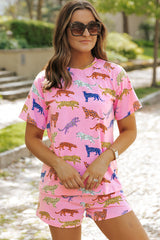 Pink Flower Print Short Sleeve High Waist Two Piece Shorts Set Short Sets JT's Designer Fashion