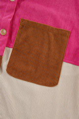 Rose Red Colorblock Curved Hem Corduroy Shacket with Pocket Jackets JT's Designer Fashion