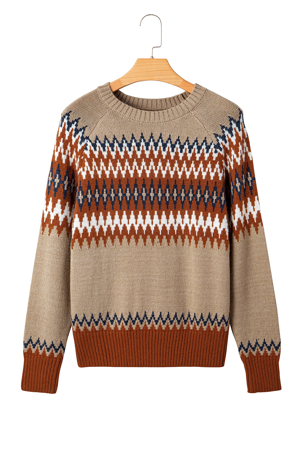 Khaki Aztec Print Colorblock Crew Neck Sweater Sweaters JT's Designer Fashion