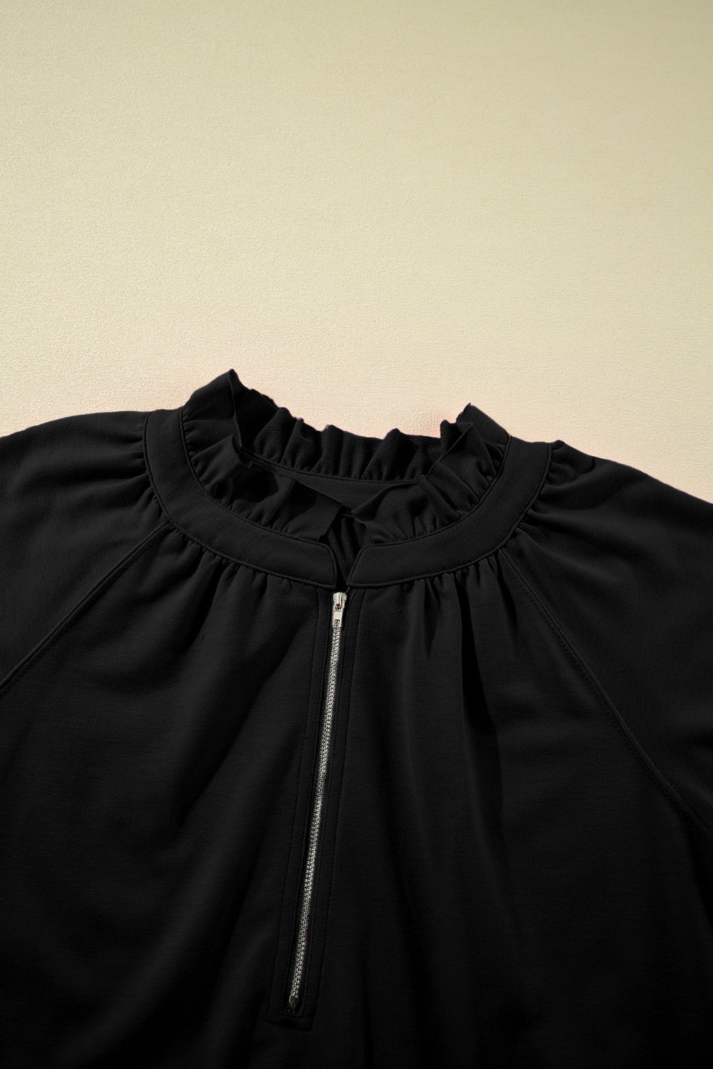 Black Half Zip Puff Sleeve Top and Ruffled Shorts Set Short Sets JT's Designer Fashion