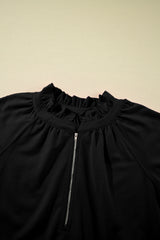 Black Half Zip Puff Sleeve Top and Ruffled Shorts Set Short Sets JT's Designer Fashion