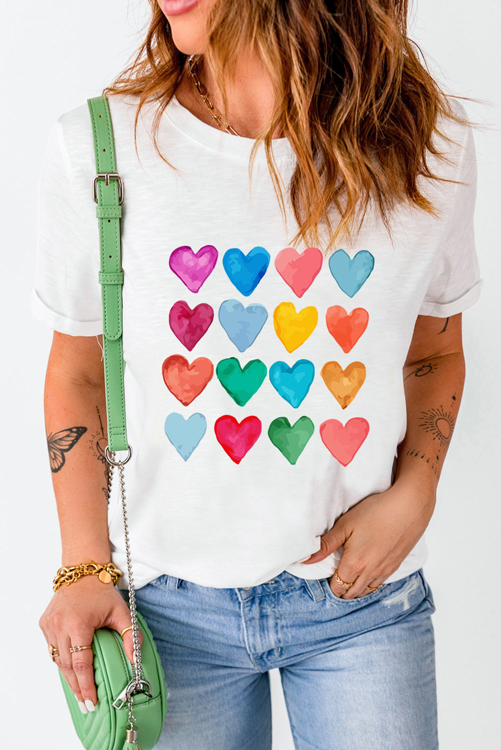 White Colorful Heart Shaped Print Crew Neck T Shirt Graphic Tees JT's Designer Fashion