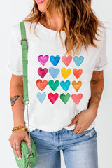 White Colorful Heart Shaped Print Crew Neck T Shirt Graphic Tees JT's Designer Fashion