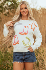 White Tinsel Western Boots Horseshoe Star Knit Crew Neck Sweater White 52%Viscose+26%Polyester+22%Polyamide Sweaters JT's Designer Fashion