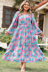 Sky Blue Floral Allover Print Shirred Square Neck Plus Size Maxi Dress Plus Size Maxi Dresses JT's Designer Fashion
