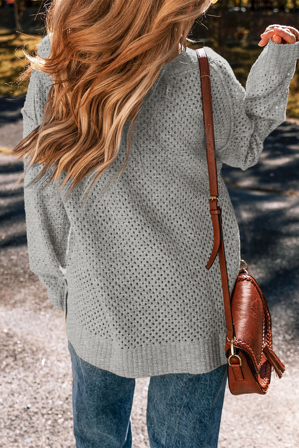 Light Grey Loose Eyelet V Neck Drop Shoulder Sweater Sweaters JT's Designer Fashion