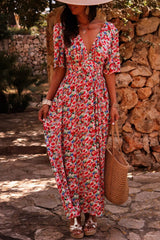 Red Floral Half Sleeve Deep V Neck Cutout Back Split Maxi Dress Floral Dresses JT's Designer Fashion