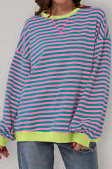 Green Stripe Oversized Contrast Trim Pullover Sweatshirt Sweatshirts & Hoodies JT's Designer Fashion
