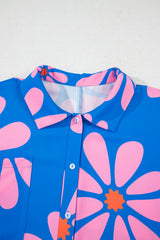 Blue Summer Flower Print Shirt Collar Button Front Loose Romper Jumpsuits & Rompers JT's Designer Fashion