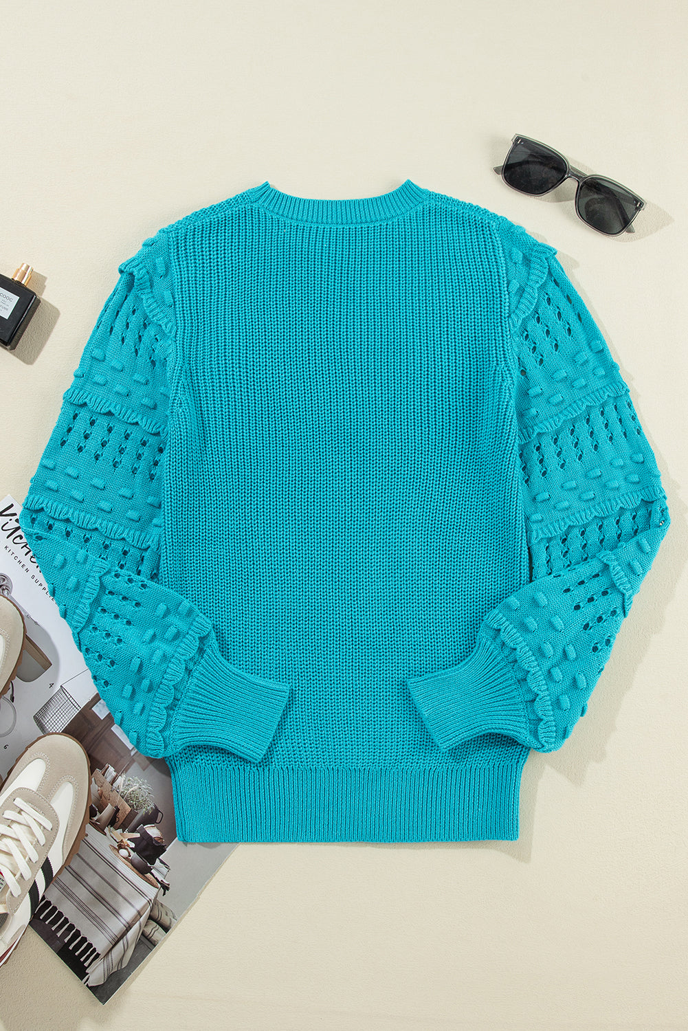 Turquoise Ruffled Eyelet Bubble Sleeve Sweater Sweaters JT's Designer Fashion