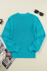 Turquoise Ruffled Eyelet Bubble Sleeve Sweater Sweaters JT's Designer Fashion