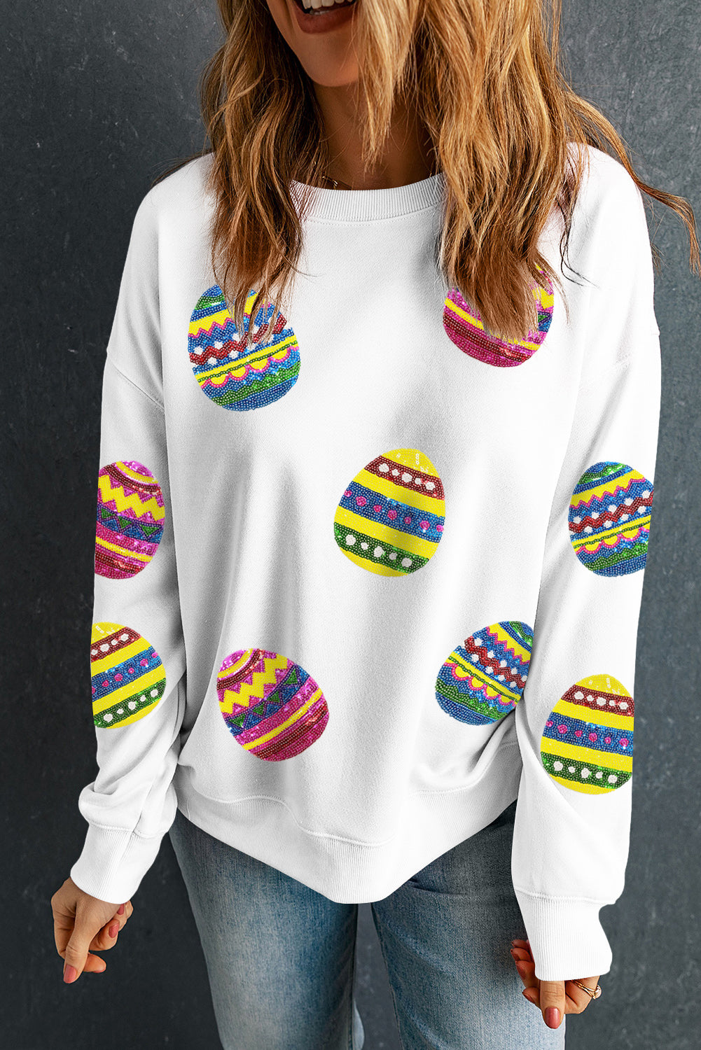 Beige Eater Egg Sequin Patched Crew Neck Sweatshirt Graphic Sweatshirts JT's Designer Fashion