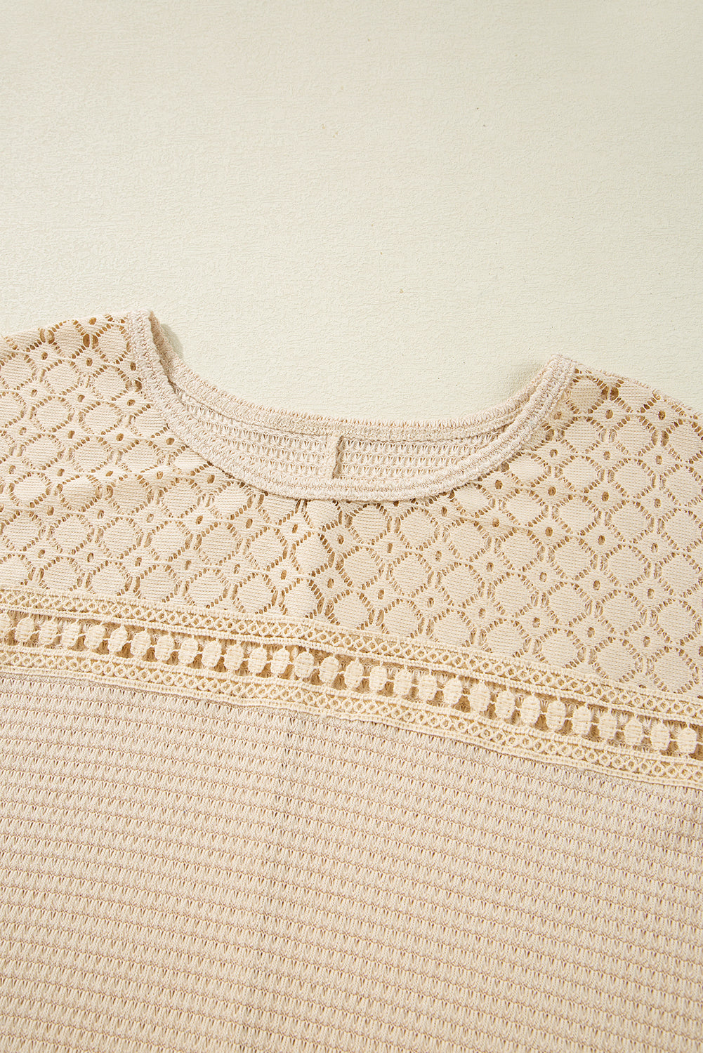 Oatmeal Lace Patchwork Waffle Short Sleeve Plus Size Top Plus Size Tops & Tees JT's Designer Fashion