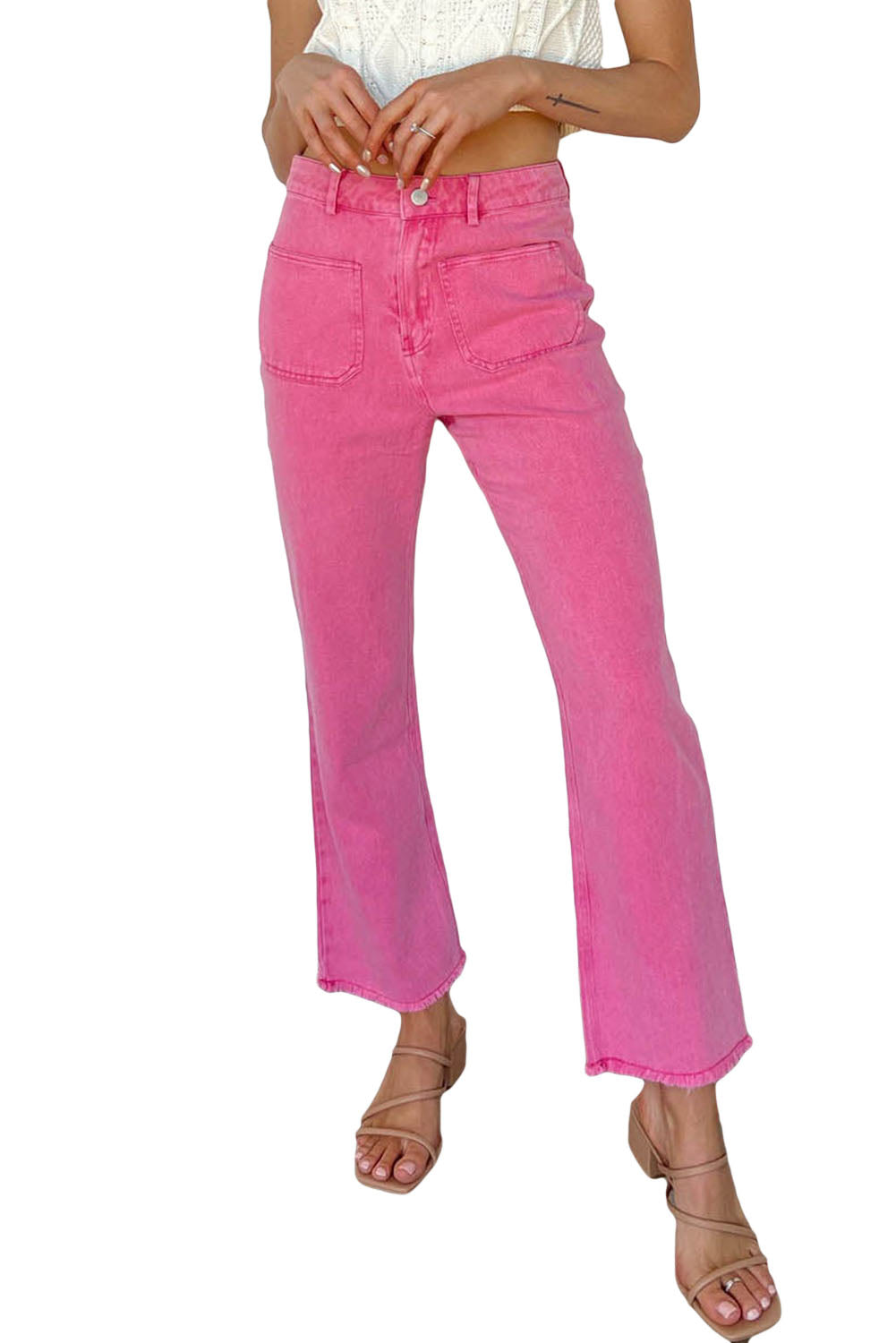 Pink Ankle-length Flare Leg Raw Hem Jeans Jeans JT's Designer Fashion