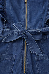 Sail Blue Denim Ruffled Zipped Front Belted Romper Jumpsuits & Rompers JT's Designer Fashion