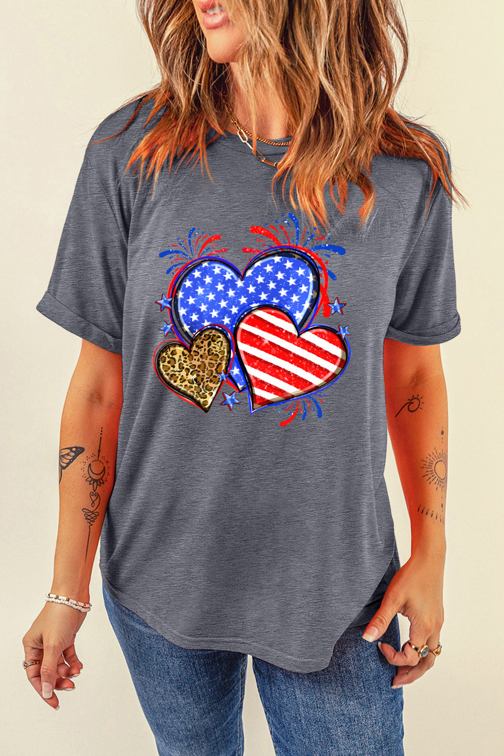 Gray American Heart July 4th Celebration Graphic T Shirt Graphic Tees JT's Designer Fashion