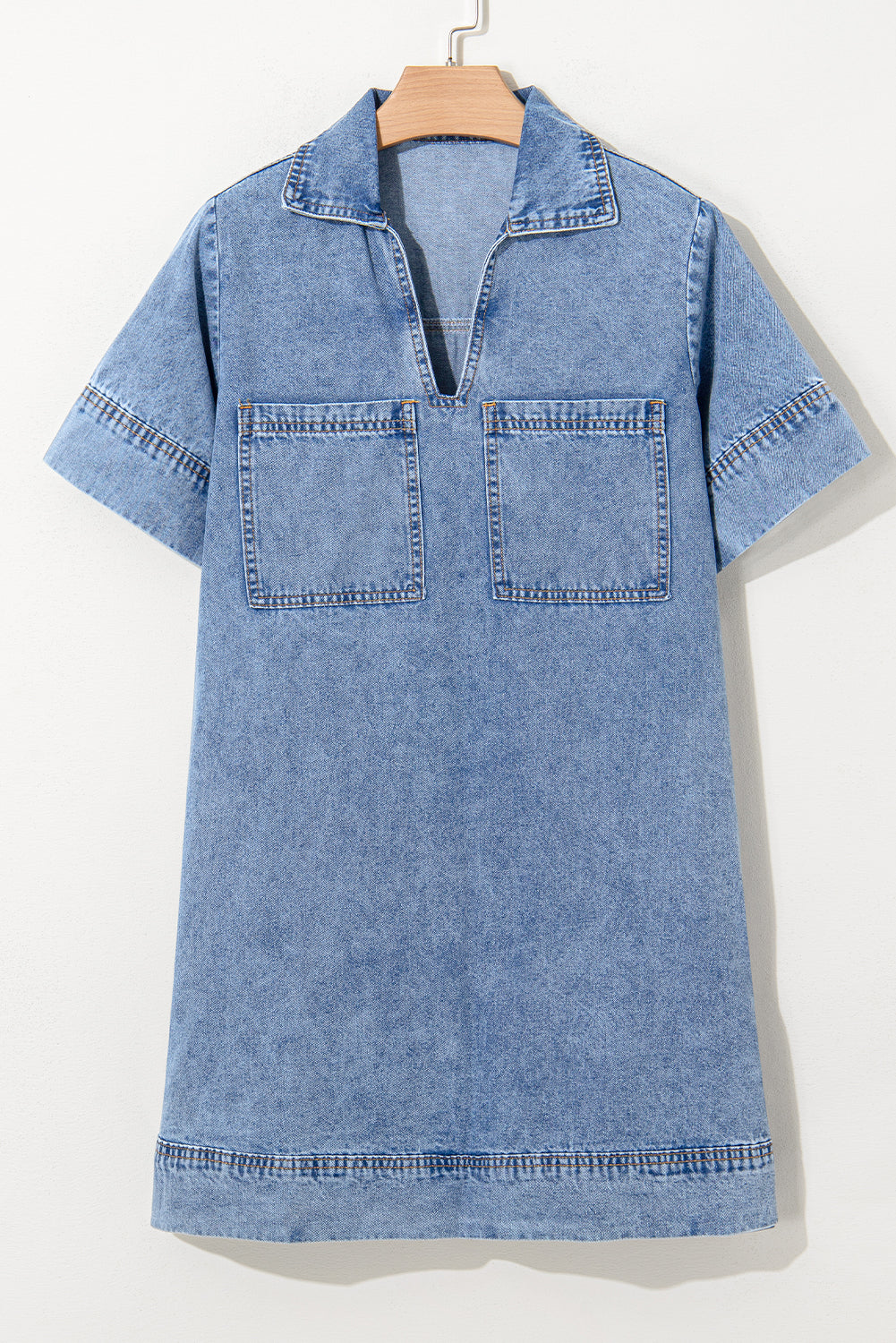 Beau Blue Short Sleeve Collared Patched Pocket Denim Mini Dress Mini Dresses JT's Designer Fashion