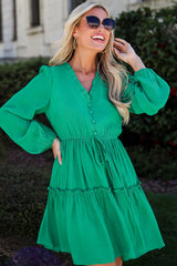 Sea Green Frilly V Neck Puff Sleeve Drawstring Shift Mini Dress Mini Dresses JT's Designer Fashion