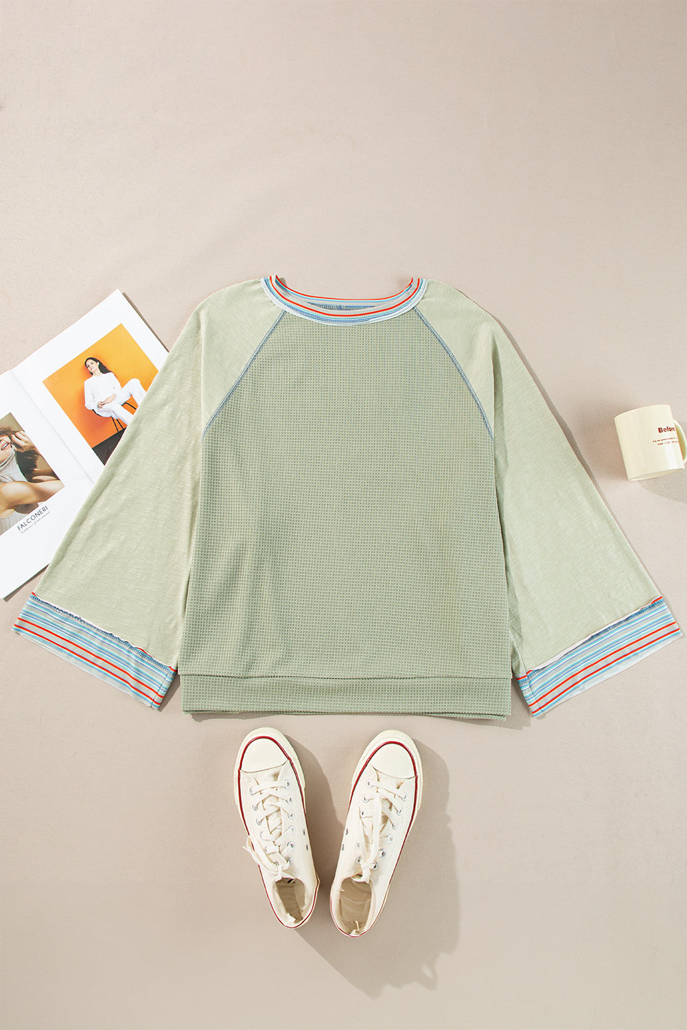 Meadow Mist Green Waffle Knit Wide Bracelet Sleeve Patchwork Raglan Top Long Sleeve Tops JT's Designer Fashion