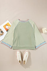 Meadow Mist Green Waffle Knit Wide Bracelet Sleeve Patchwork Raglan Top Long Sleeve Tops JT's Designer Fashion