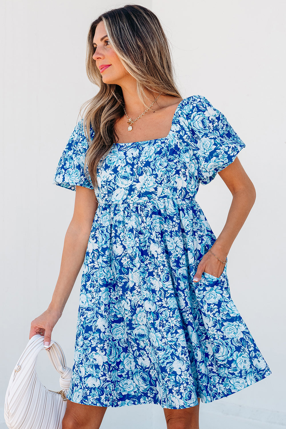 Blue Floral Puff Sleeve Babydoll Mini Dress Floral Dresses JT's Designer Fashion
