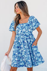 Blue Floral Puff Sleeve Babydoll Mini Dress Floral Dresses JT's Designer Fashion