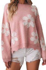 Multicolour Pearl Beaded Floral Drop Shoulder Sweater Sweaters JT's Designer Fashion