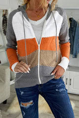 Gray Zipped Front Colorblock Hollow-out Knit Hoodie Sweatshirts & Hoodies JT's Designer Fashion