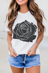 White Large Rose Print Round Neck T Shirt Graphic Tees JT's Designer Fashion
