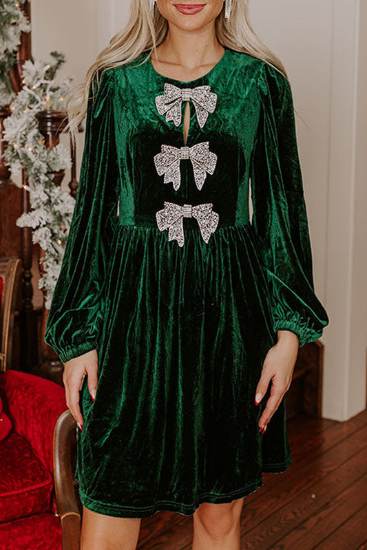 Evergreen Bowknot Decor High Waist Velvet Mini Dress Evergreen 95%Polyester+5%Elastane Mini Dresses JT's Designer Fashion