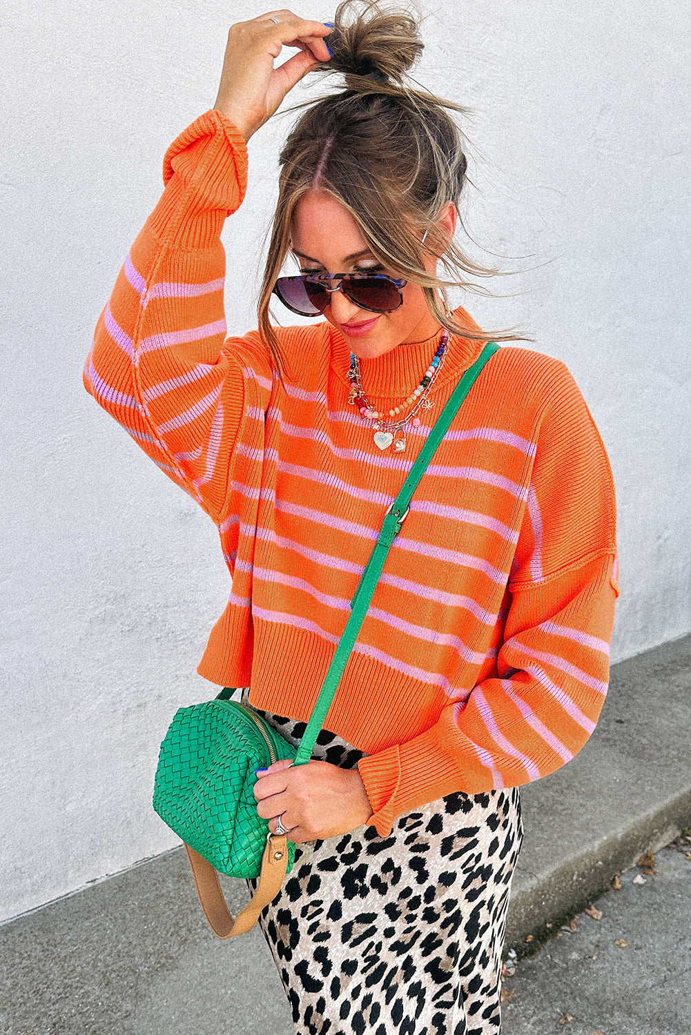 Orange Stripe Ribbed High Neck Drop Shoulder Boxy Fit Sweater Sweaters JT's Designer Fashion