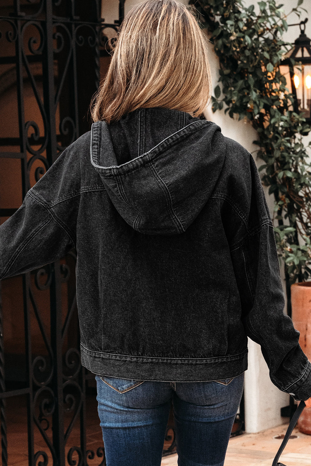 Black Big Chest Pocket Drop Shoulder Hooded Denim Jacket Denim Jackets JT's Designer Fashion