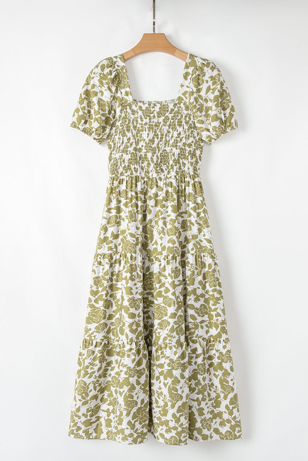 Yellow Boho Floral Square Neck Smocked Bust Puff Sleeve Tiered Long Dress Floral Dresses JT's Designer Fashion