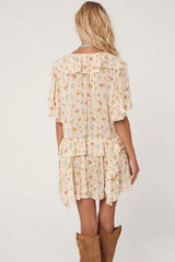 Apricot Boho Floral Tassel Tie V Neck Ruffle Wide Sleeve Mini Dress Floral Dresses JT's Designer Fashion
