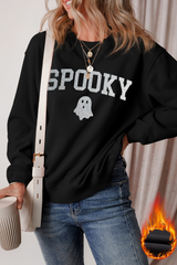 Black Glitter SPOOKY Ghost Pattern Crew Neck Halloween Sweatshirt Graphic Sweatshirts JT's Designer Fashion