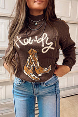 Coffee Western Howdy Boot Graphic High Neck Sweater Coffee 50%Viscose+28%Polyester+22%Polyamide Sweaters JT's Designer Fashion